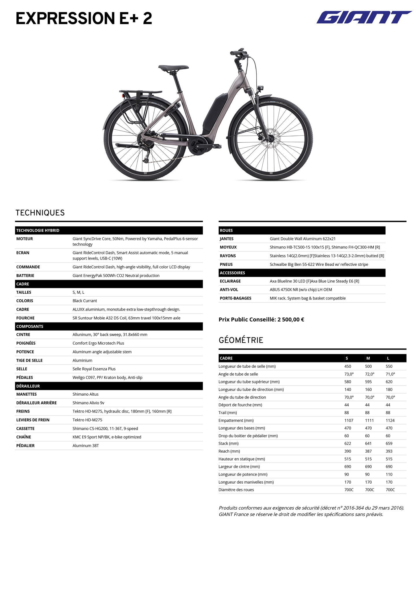 Fiche technique du velo électrique Expression E+ 2 année 2024